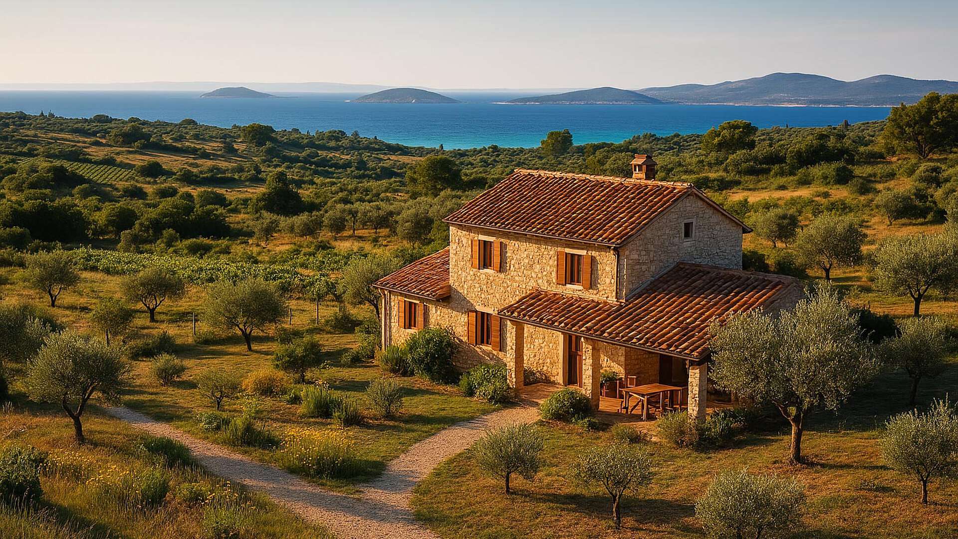 A vacation home nestled in the Croatian countryside a few steps from the sea. In the distance you can see the Adriatic Sea.