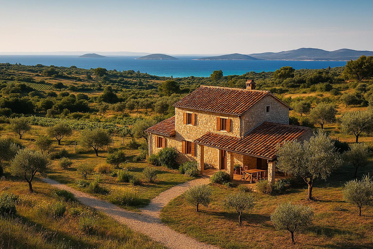A vacation home nestled in the Croatian countryside a few steps from the sea. In the distance you can see the Adriatic Sea.