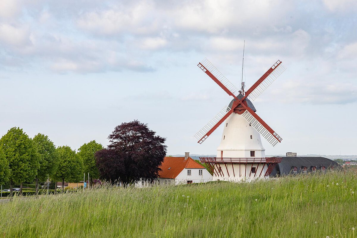 Traditional windmill with red blades in Southern Jutland, Denmark, set against a backdrop of green fields and blue sky