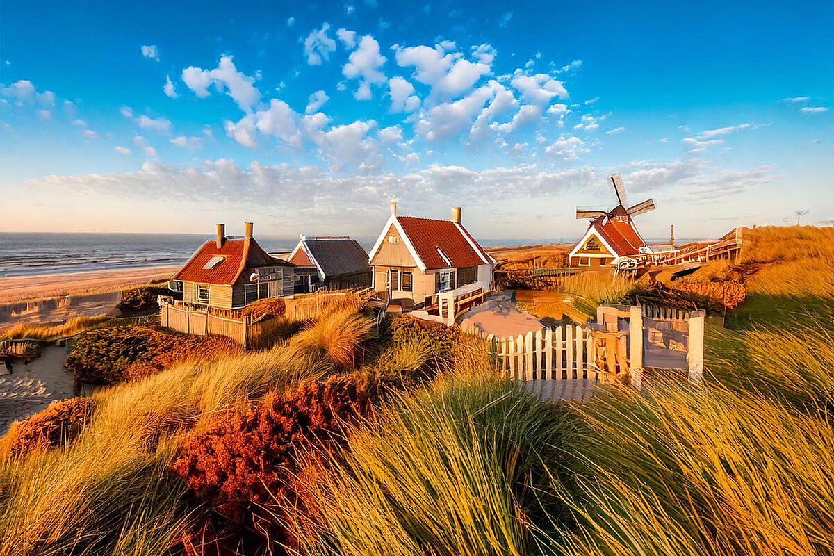 Traditional Dutch houses near the coast with a windmill in the background, surrounded by dune grasses and a bright blue sky.