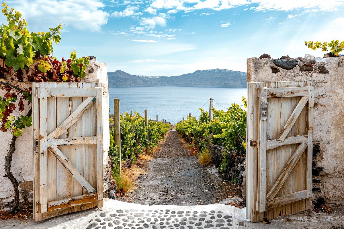 White wooden gates open to a vineyard path leading to the sea in Santorini, framed by grapevines and a coastal backdrop.