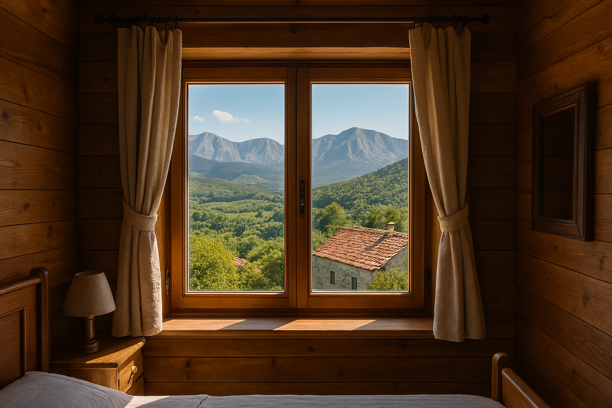 A window of a rural retreat room that has a view of the mountains of Croatia. Typical mountain landscape of Croatia. The interior of the room is typical of Croatian architecture.