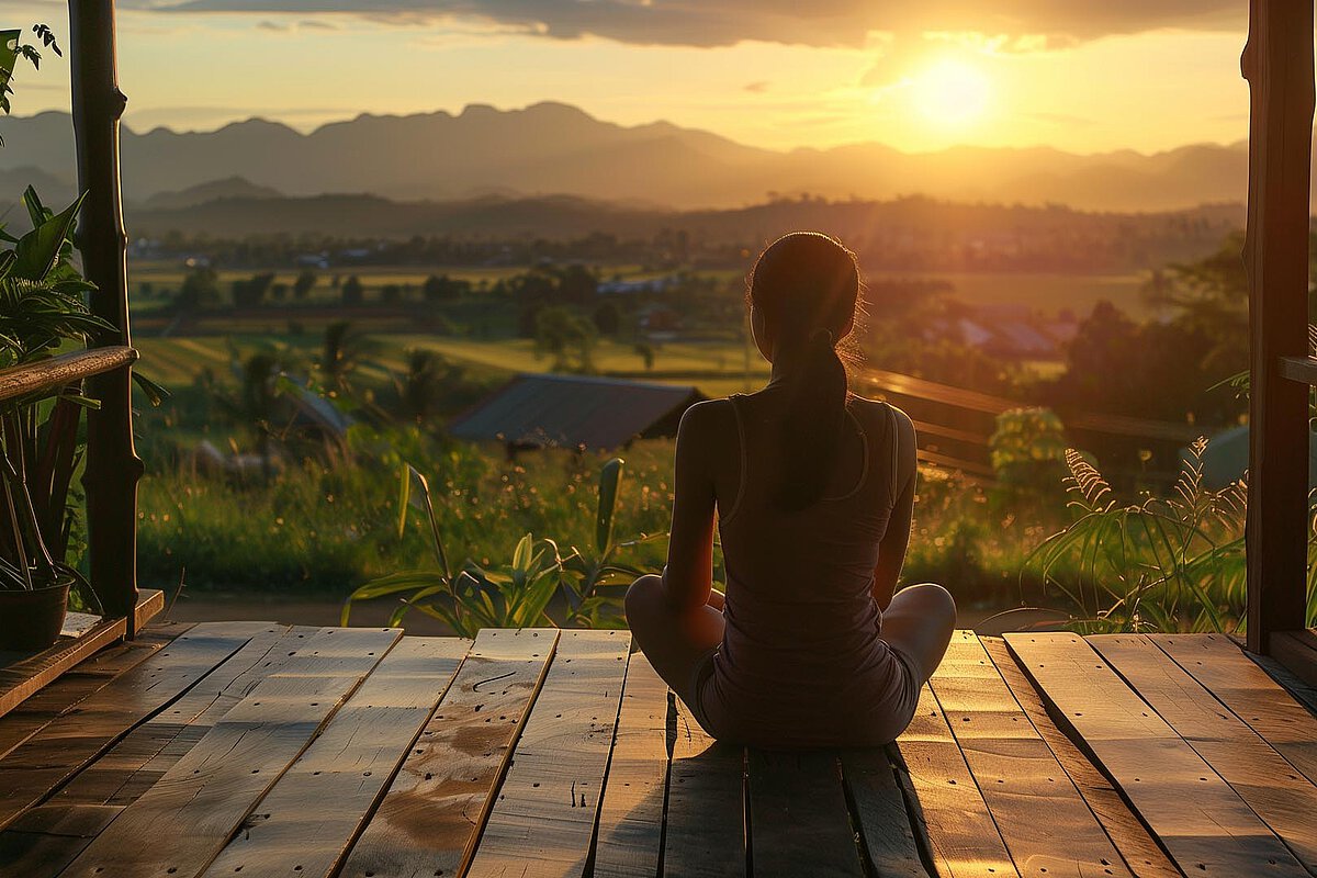 A person sitting cross-legged on a wooden deck, facing a vibrant sunset over mountains. The scene is framed by greenery, creating a calm and reflective environment.