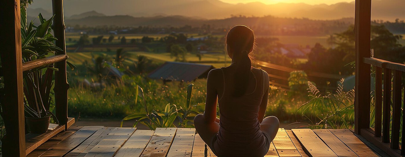 A person sitting cross-legged on a wooden deck, facing a vibrant sunset over mountains. The scene is framed by greenery, creating a calm and reflective environment.