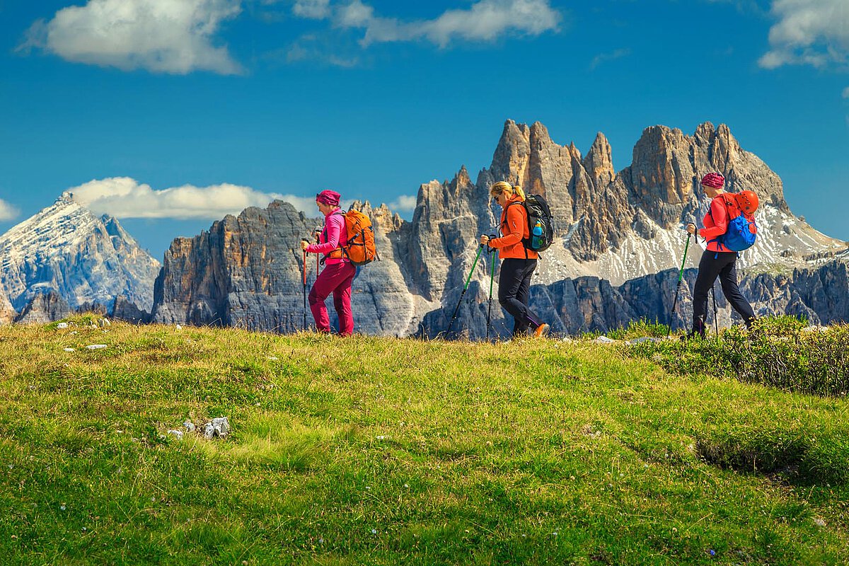 Drei Wanderer auf grünen Hügeln in den Schweizer Alpen, mit felsigen Gipfeln und schneebedeckten Bergen im Hintergrund unter einem blauen Himmel.