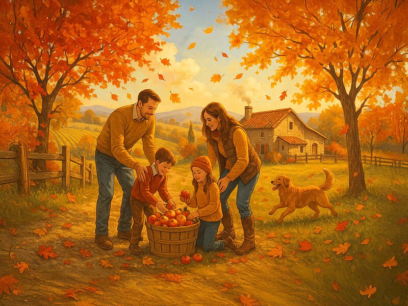 Eine fröhliche Familie wirft bunte Herbstblätter unter leuchtenden Bäumen in die Luft, während ein Hund auf dem sonnigen Hofweg zum Bauernhaus läuft.