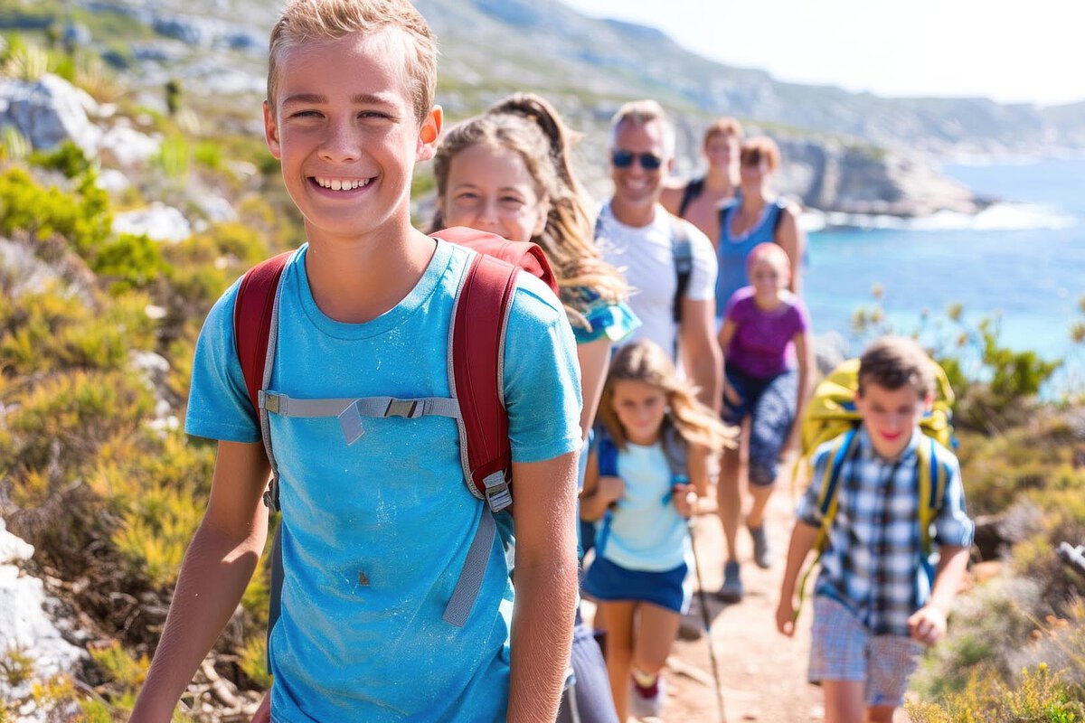 A group of hikers, including children and adults, walking on a coastal trail, smiling and enjoying the sunny day with rocky terrain and ocean views in the background.