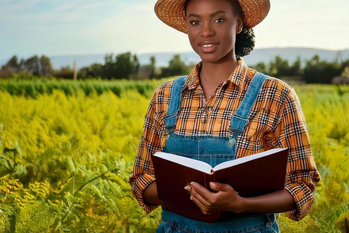 A woman in a straw hat and plaid shirt stands in a green field, holding an open glossary. She smiles warmly, surrounded by a scenic landscape of hills and clear skies.