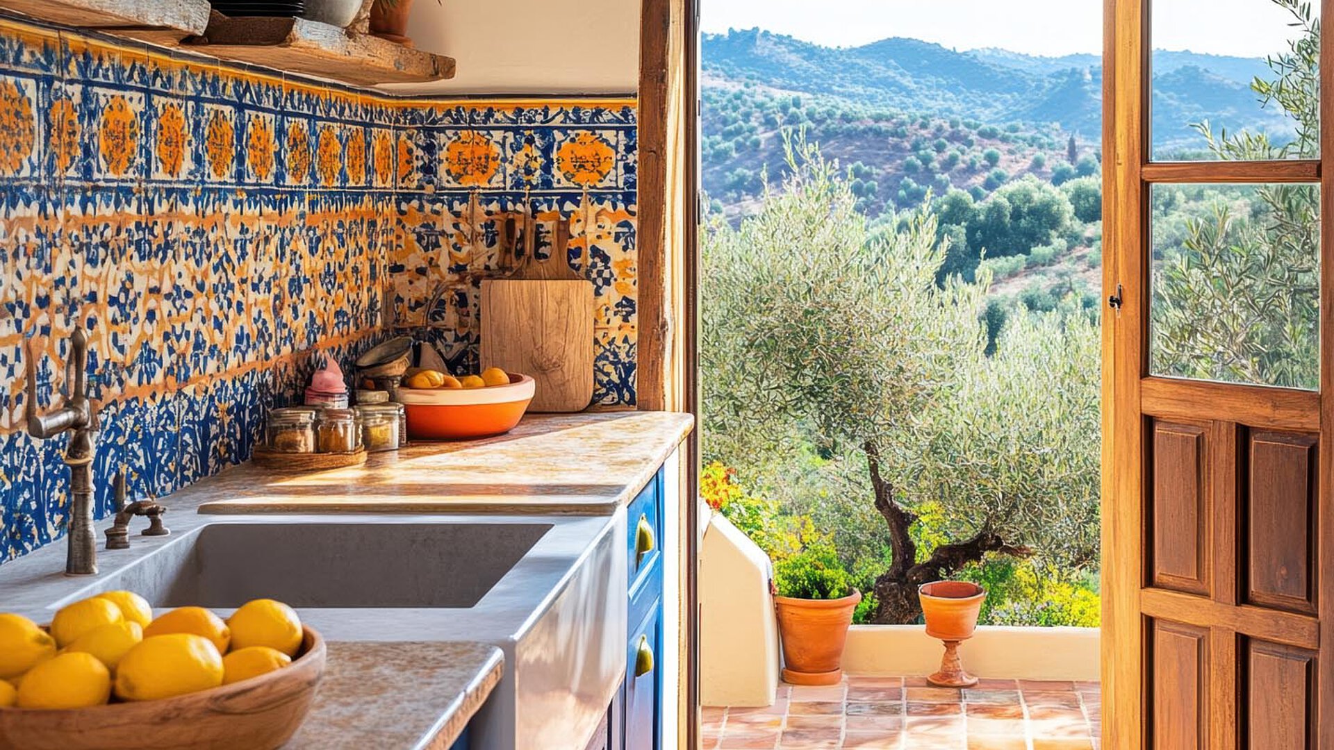Traditional Andalusian kitchen with blue and white tiles, a bowl of lemons on the counter, and a wooden door leading to a view of olive trees and hills outside.