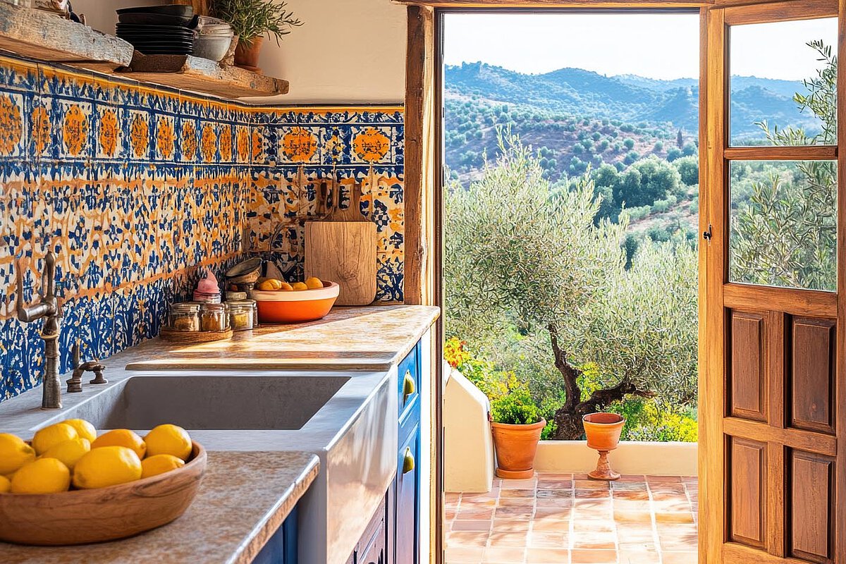 Traditional Andalusian kitchen with blue and white tiles, a bowl of lemons on the counter, and a wooden door leading to a view of olive trees and hills outside.