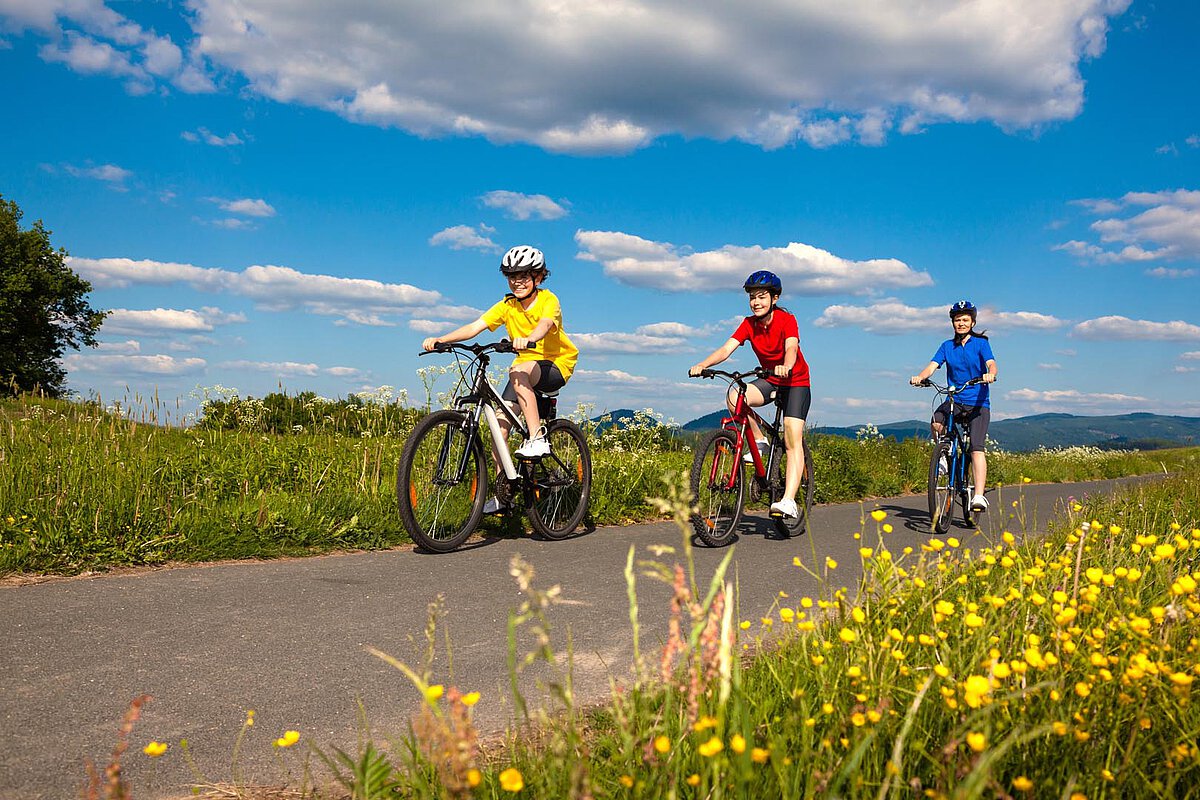 Three children in colorful shirts ride bicycles on a paved path, with green fields and yellow flowers on the sides, under a blue sky with clouds.