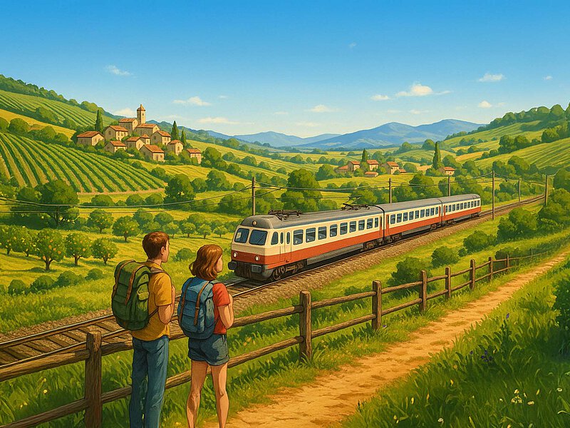 Ein Zug fährt langsam durch grüne Hügel mit Weinbergen und kleinen Steindörfern, während Reisende mit Rucksäcken auf einem Landweg unter blauem Himmel spazieren.