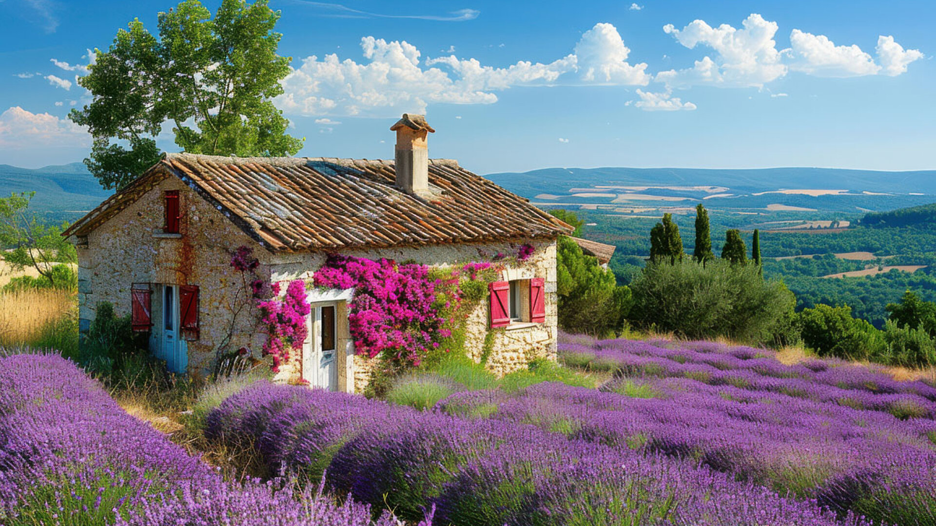 Rustic stone house surrounded by blooming lavender fields in Provence, with rolling hills and a clear blue sky in the background.