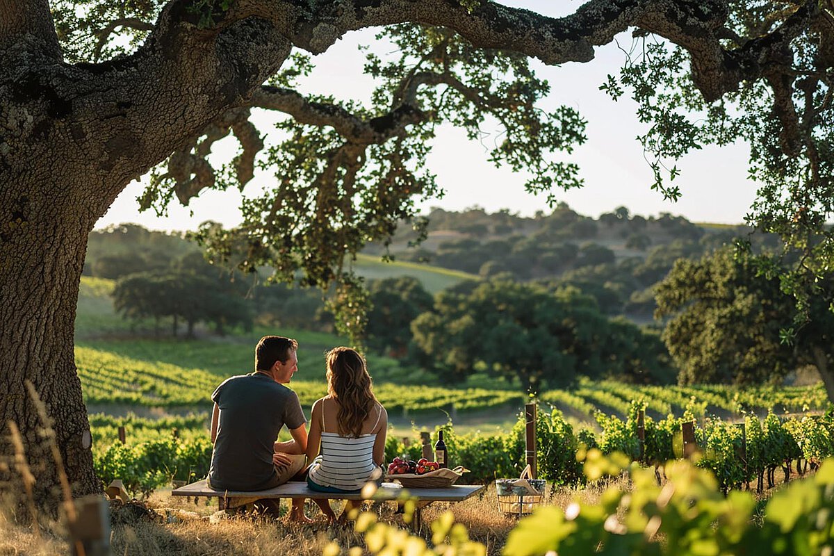 Couple having a picnic in a vineyard, sitting under a tree with lush green vines in the background.