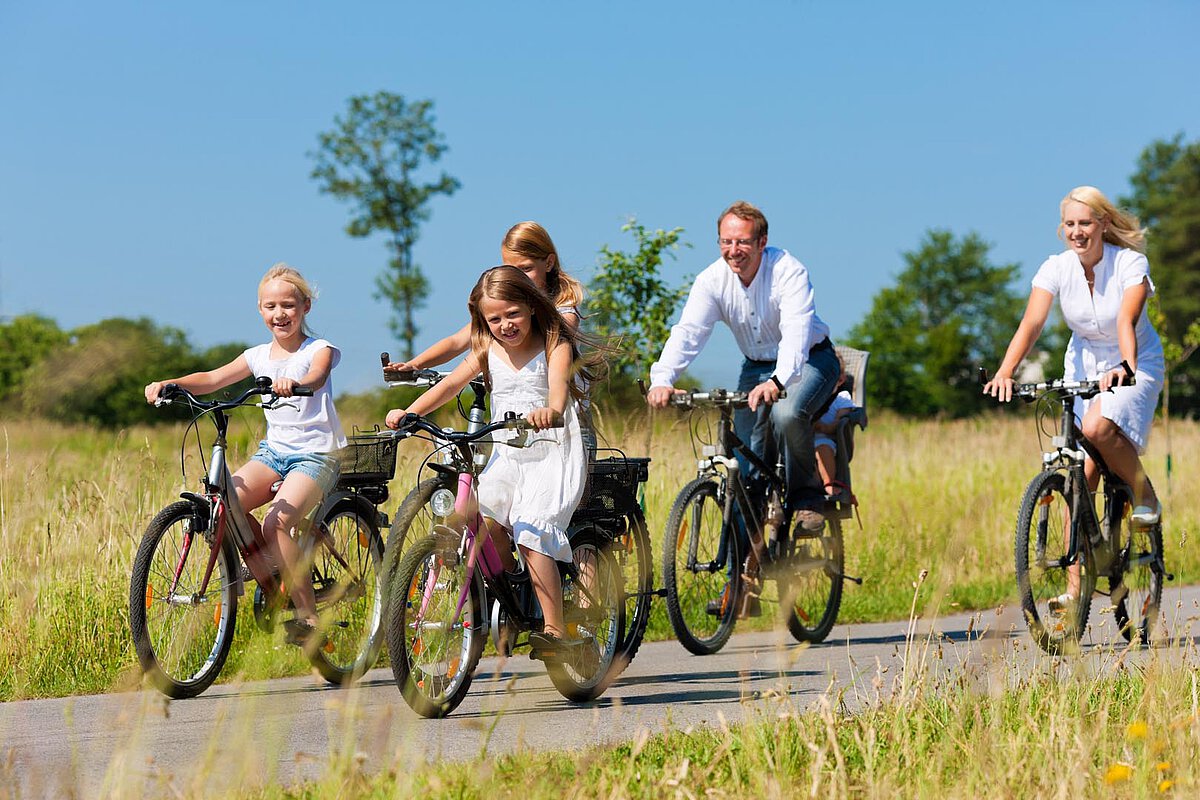 Eine Familie mit fünf Personen fährt auf einem Weg in einem sonnigen Feld. Die Gruppe besteht aus Kindern und Erwachsenen, die alle lächeln und ihre Fahrt in einer lebhaften, grünen Landschaft unter einem klaren blauen Himmel genießen.