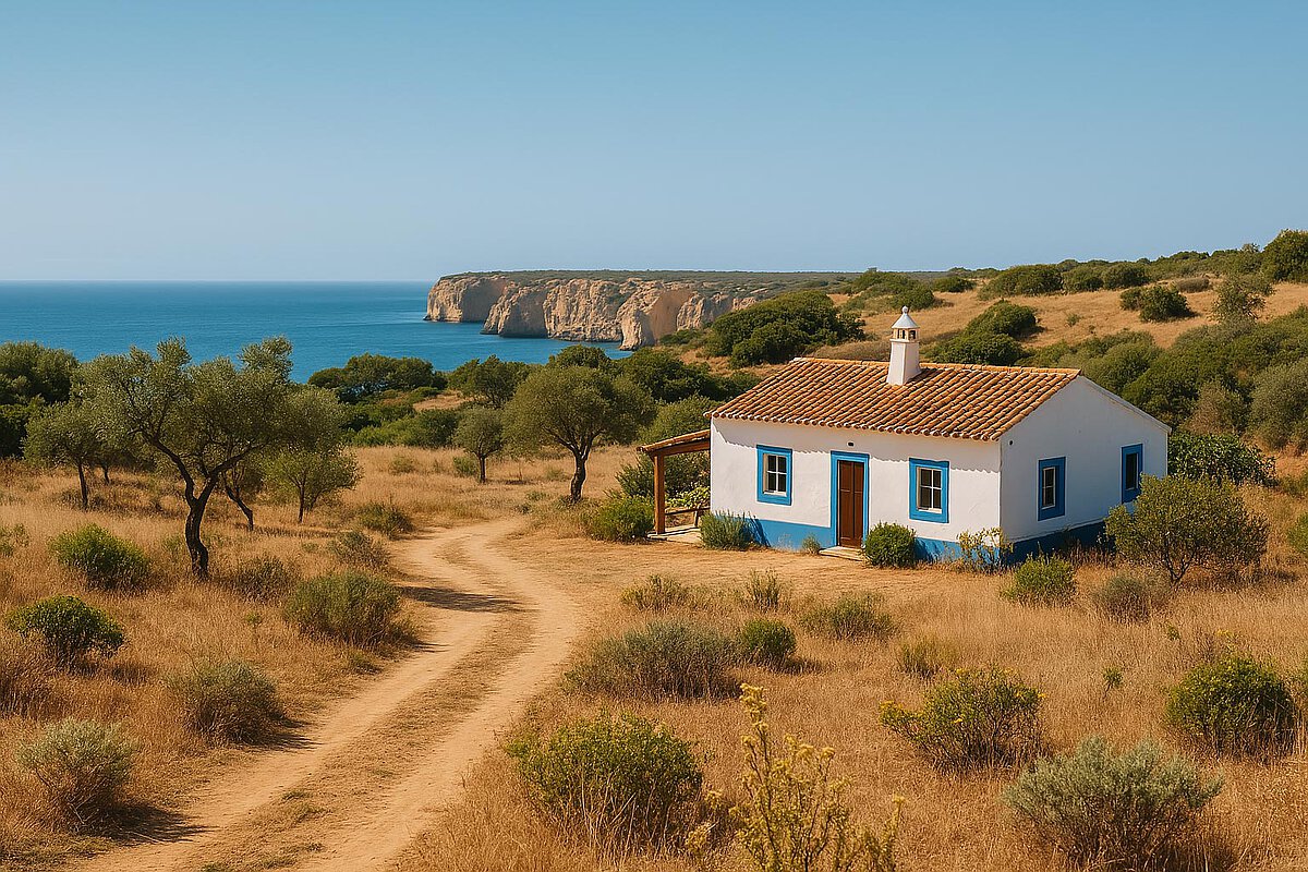 A summer farmhouse in the Algarve, Portugal. You can see the typical nature of this area and in the distance you can see the sea with typical Portuguese cliffs.