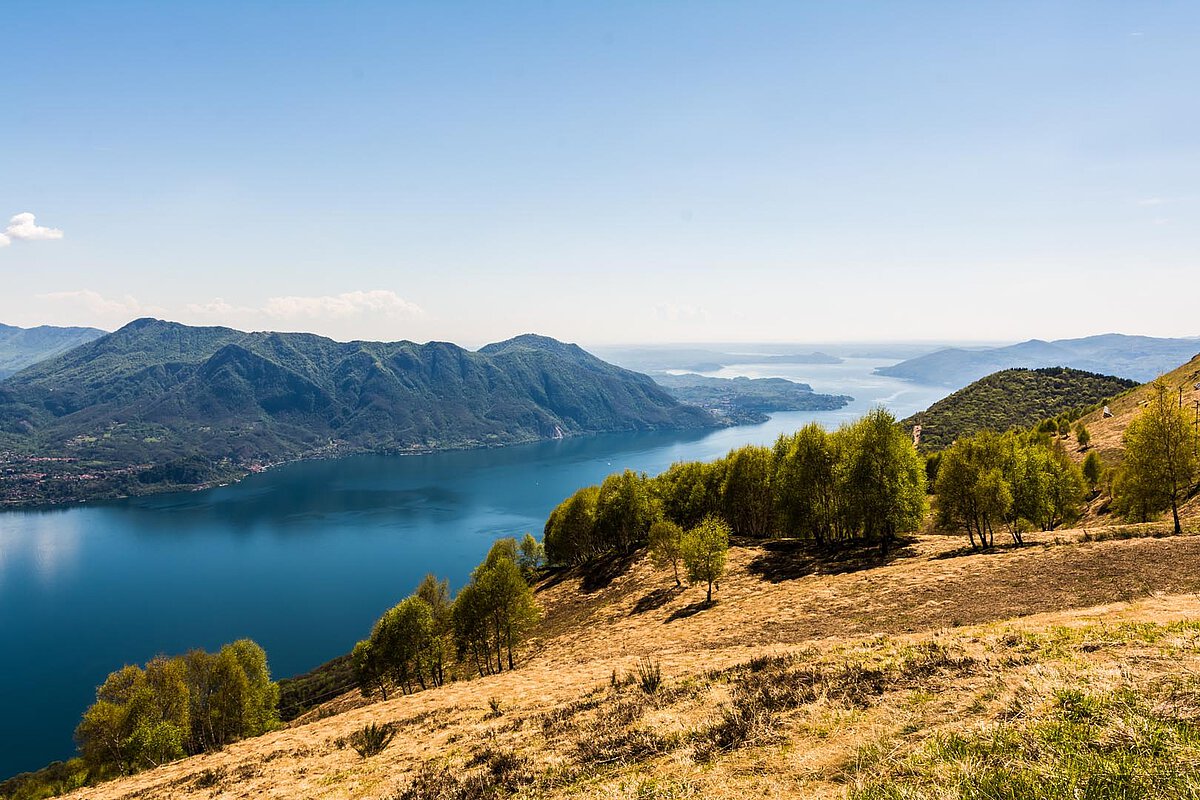 A panoramic view of Lago Maggiore with calm blue waters, green hills, and mountains under a clear sky.