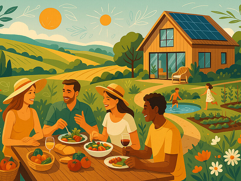A sun-drenched countryside scene with rolling green hills, a stylish eco-farmhouse with large windows and solar panels, and happy guests enjoying local food at a rustic wooden table outside.