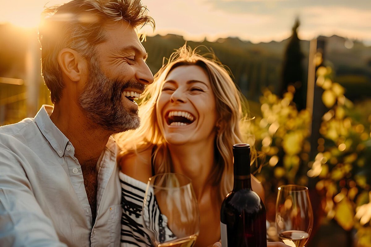 A man and woman laughing together in a vineyard at sunset, holding wine glasses. A bottle of wine is on the table, and the scene is illuminated by warm, golden light, creating a joyful ambiance.