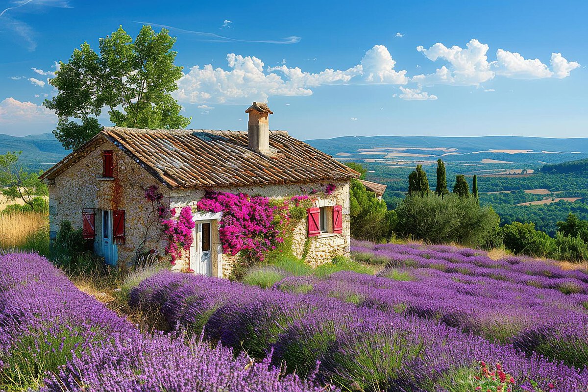 Stone house with red shutters surrounded by lavender fields in Provence, under a blue sky.