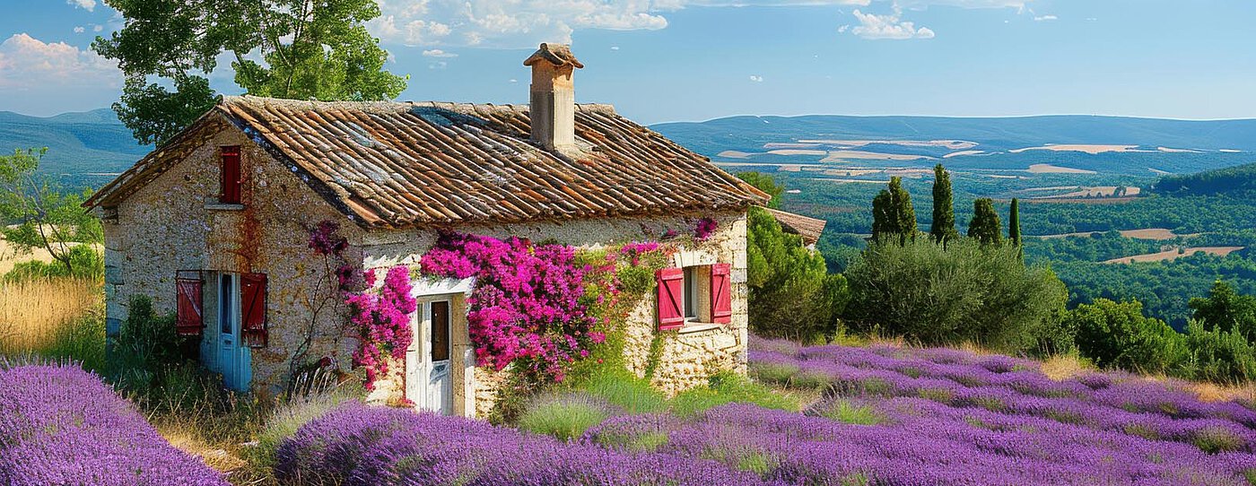 Steinhaus mit roten Fensterläden, umgeben von Lavendelfeldern in der Provence, unter einem blauen Himmel.