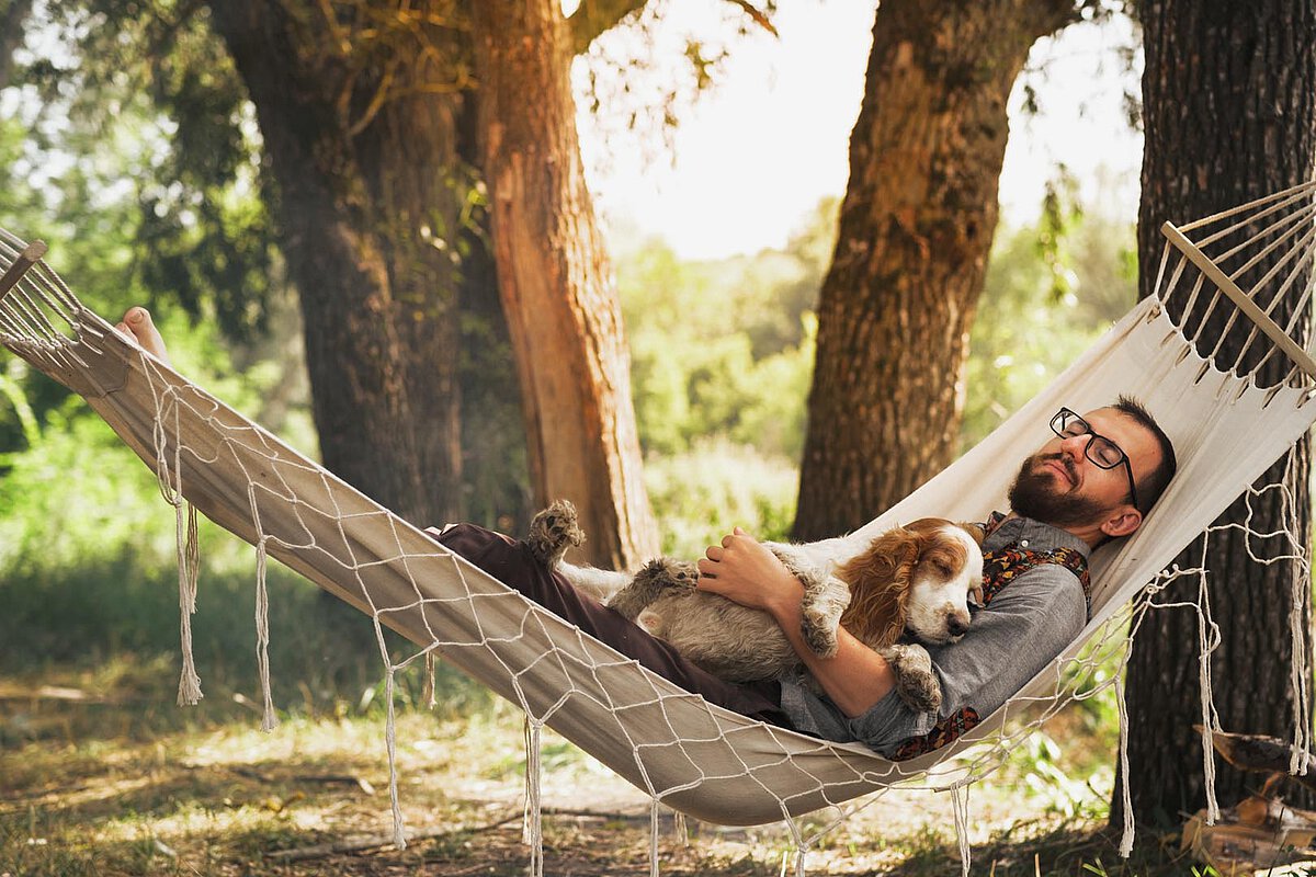 A man lounging in a hammock with his dog, surrounded by trees. Sunlight filters through the leaves, creating a tranquil scene as they both enjoy a peaceful moment together.
