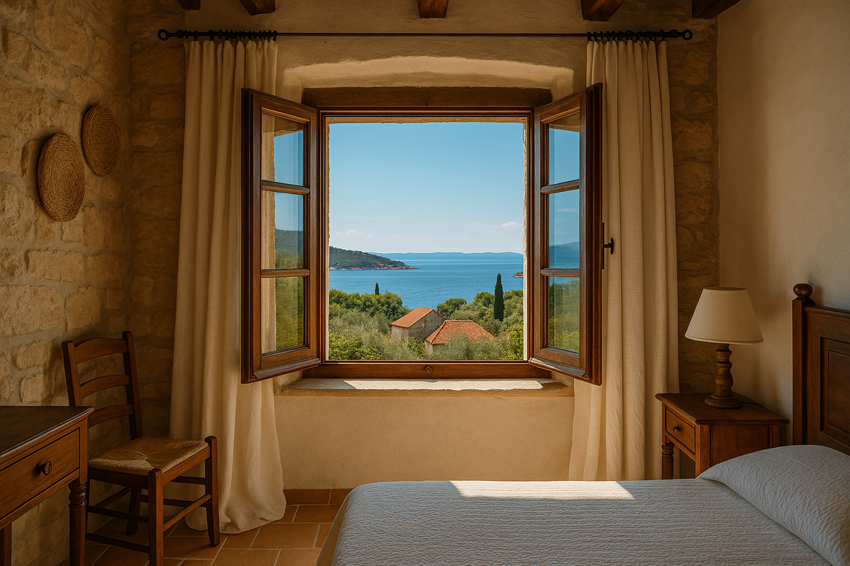A window of an agrotourism room that has a view of the Mediterranean sea in summer. Typical landscape of Croatia. The interior of the room is typical of Croatian architecture.