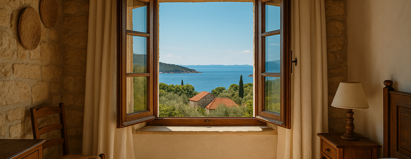 A window of an agrotourism room that has a view of the Mediterranean sea in summer. Typical landscape of Croatia. The interior of the room is typical of Croatian architecture.