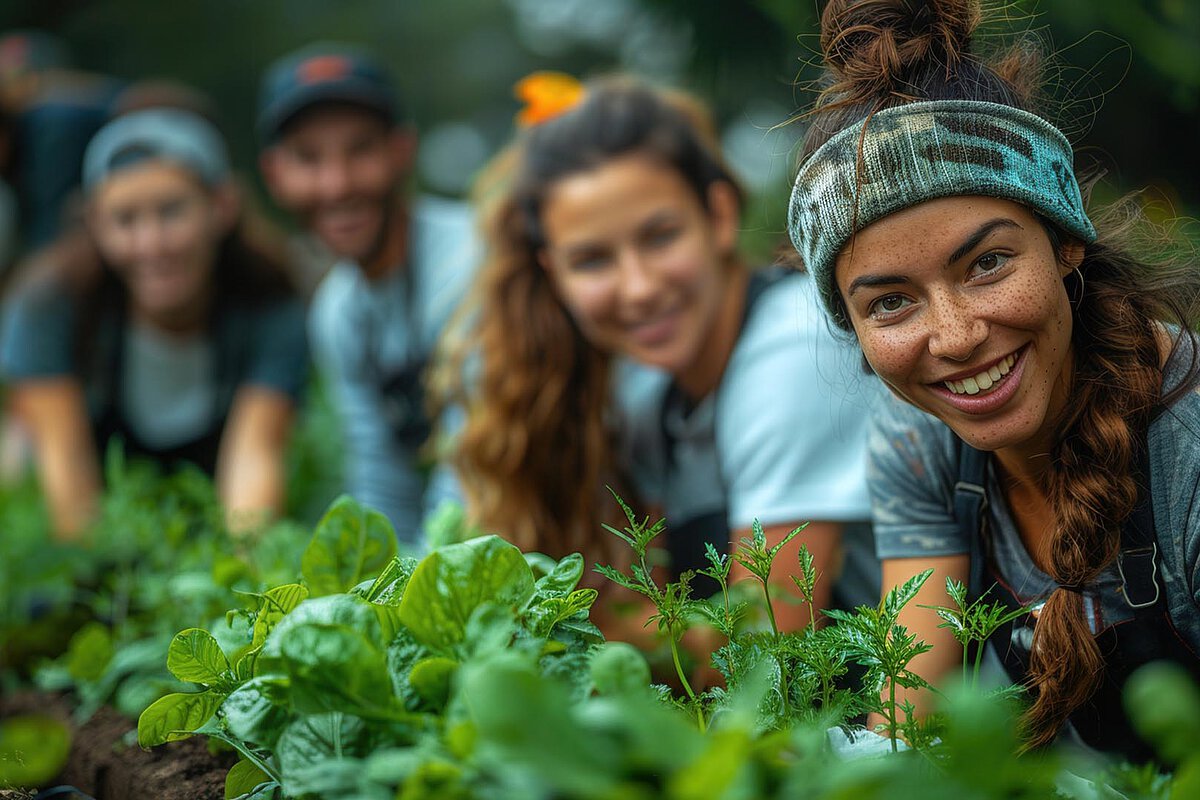 A group of people gardening together, with a smiling woman in the foreground tending to green plants. The scene captures a sense of camaraderie and teamwork in a vibrant community garden.